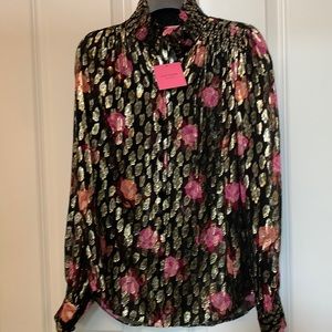 Kate Spade Black and Gold Blouse with Pink Floral Accents